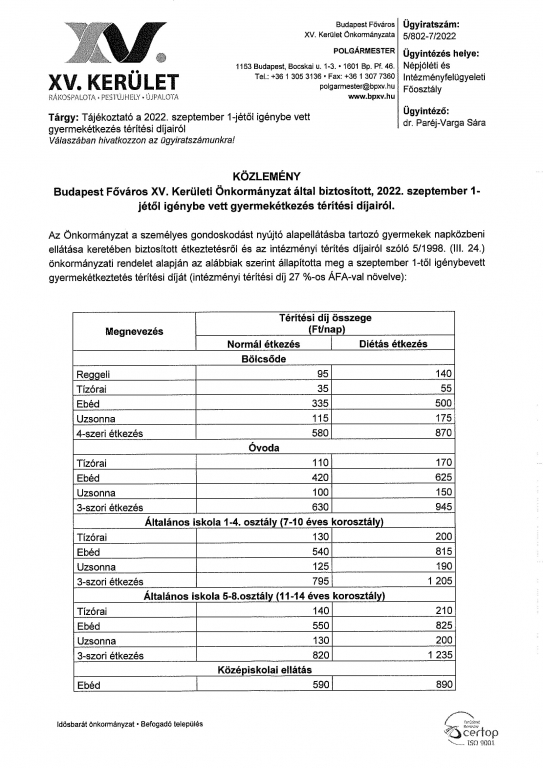 Közlemény gyermekétkezés térítési díjairól 2022.09.01-től