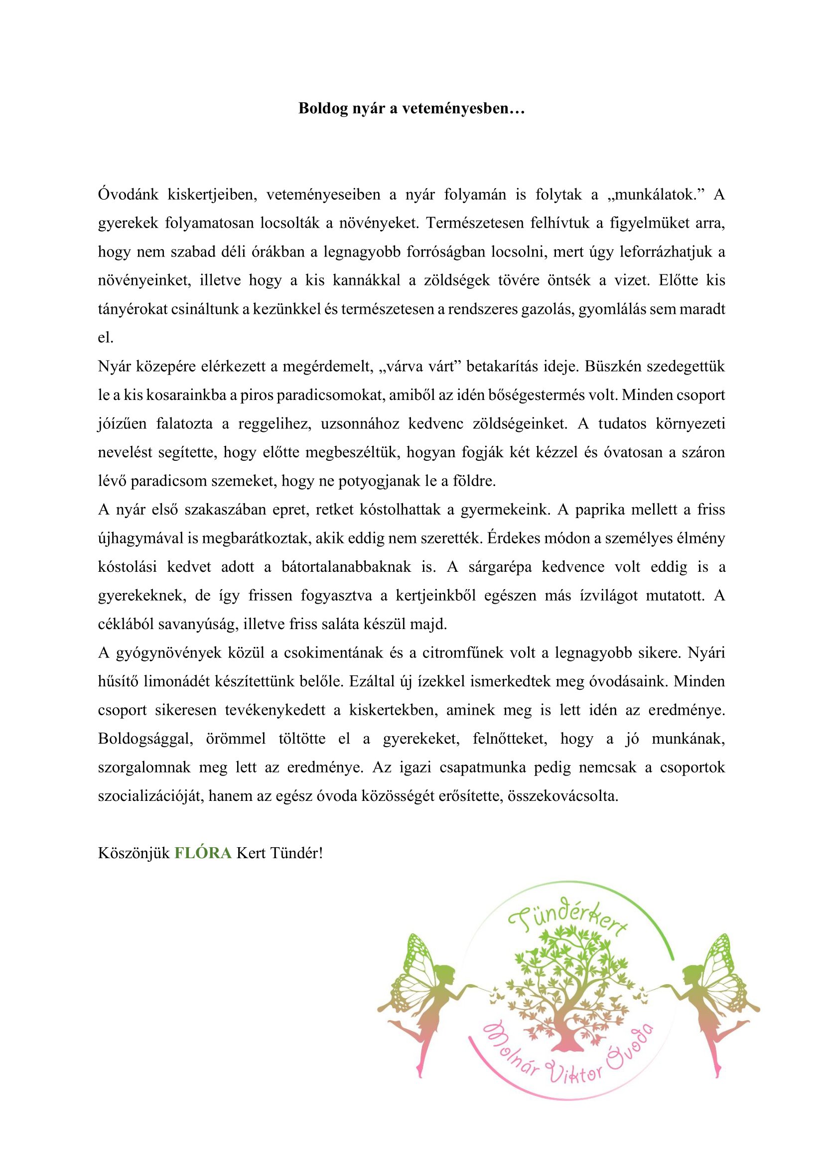 Óvodai kiskert munkálatainak leírása