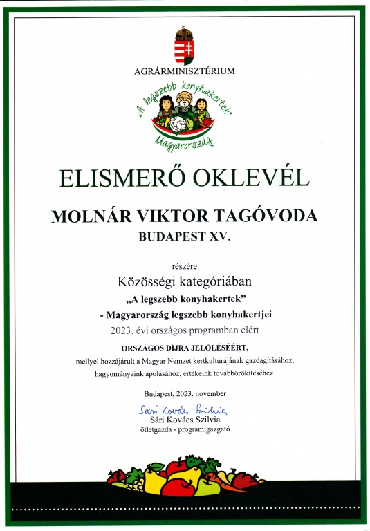 Elismerő oklevél a Molnár Viktor tagóvodának a legszebb konyhakertek országos díjra jelölésért