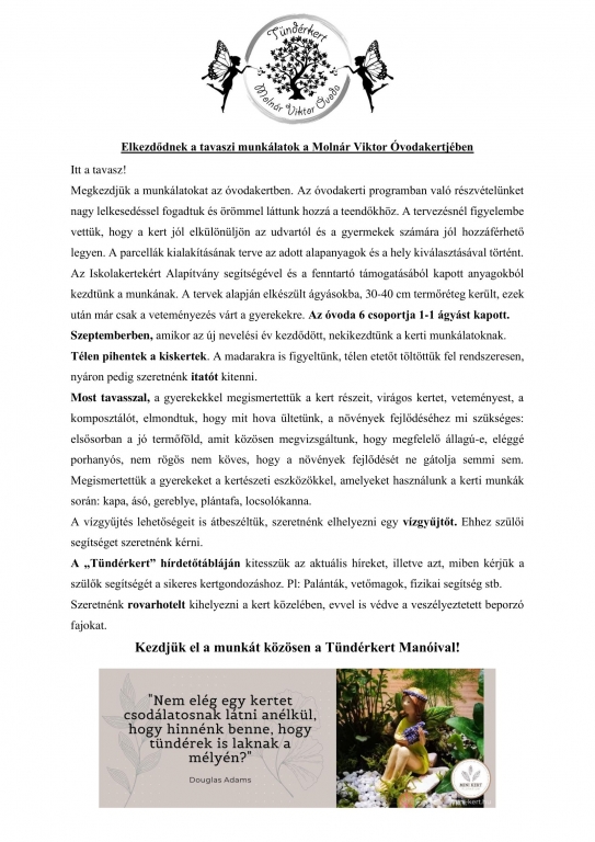 Óvodakert - Tavaszi Munkálatok tájékoztató