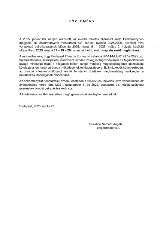 Közlemény a 2025/2026-os nevelési év beiratkozásának időpontjáról - VÁLTOZÁS